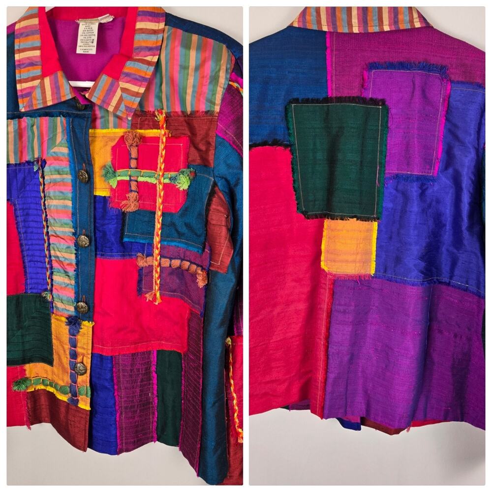 Vintage Coldwater Creek Jacket Sz Large Vibrant Patchwork Silk Boho Cottage Art